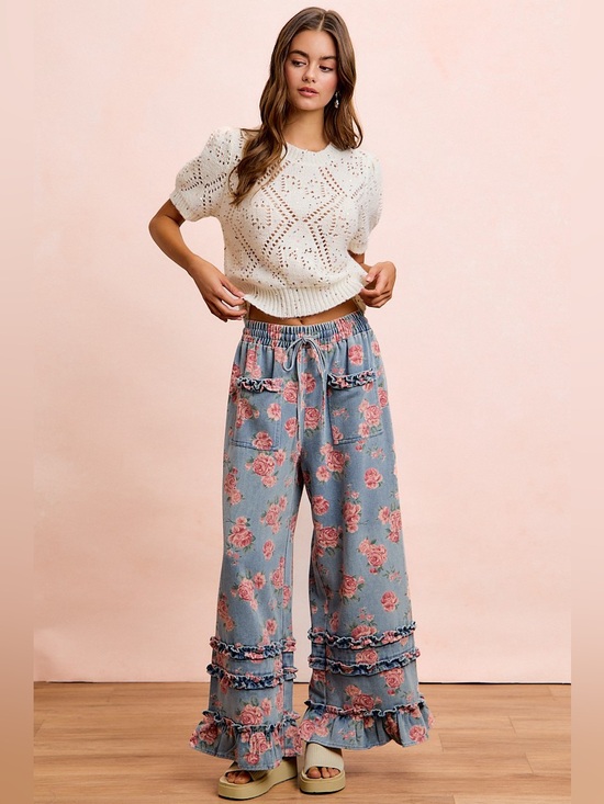 BiBi Pants - BiBi Washed Floral Denim With Ruffle Elastic Wide Pants 10010094801